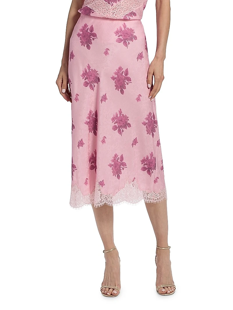 Malina Lace-Trim Floral Silk-Blend Midi-Skirt