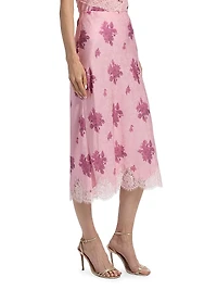 Malina Lace-Trim Floral Silk-Blend Midi-Skirt