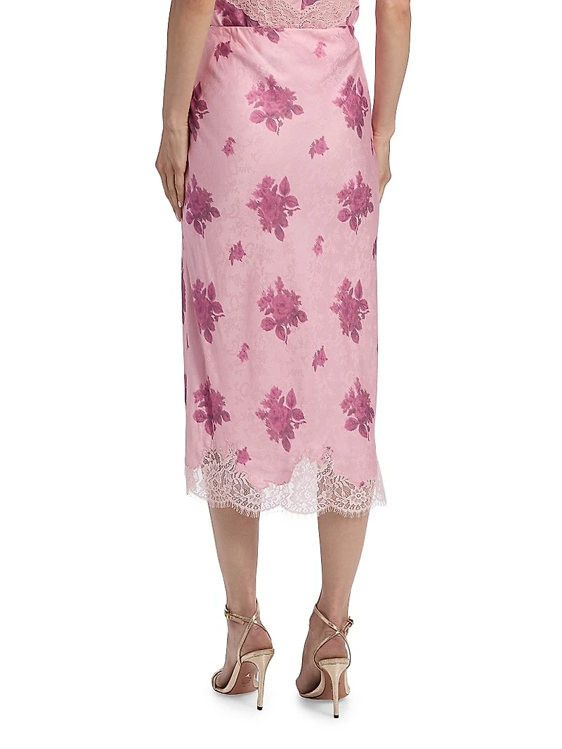 Malina Lace-Trim Floral Silk-Blend Midi-Skirt
