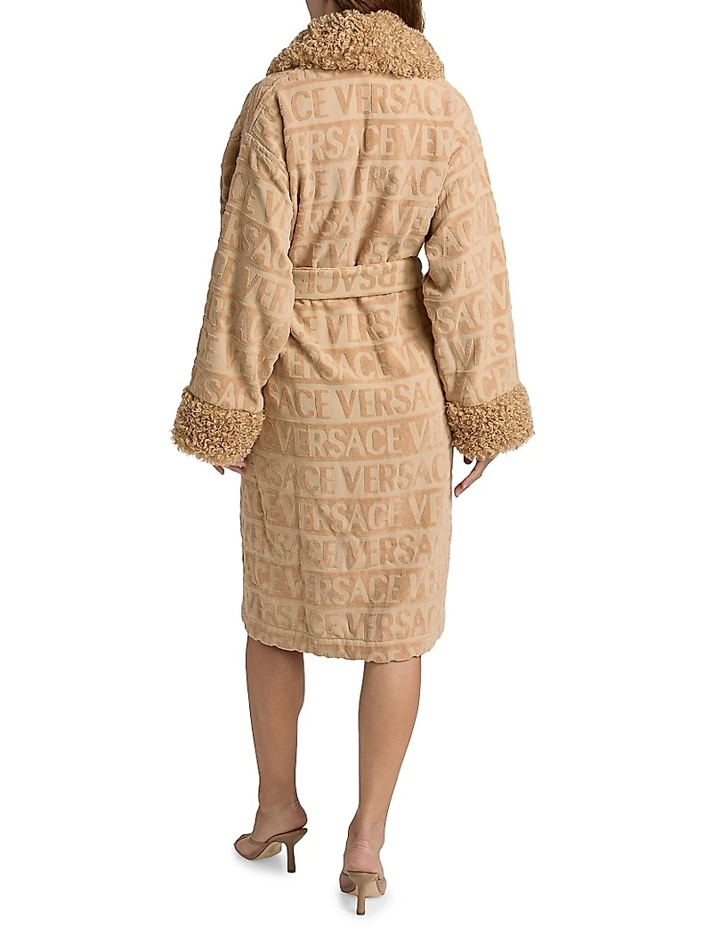 Faux Fur-Trim Logo Terry Bathrobe