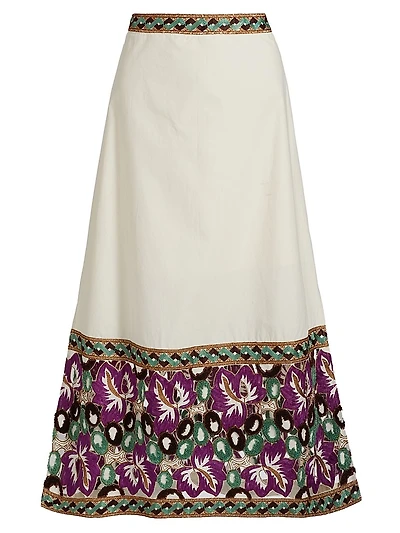Albia Embroidered-Floral Cotton A-Line Midi-Skirt