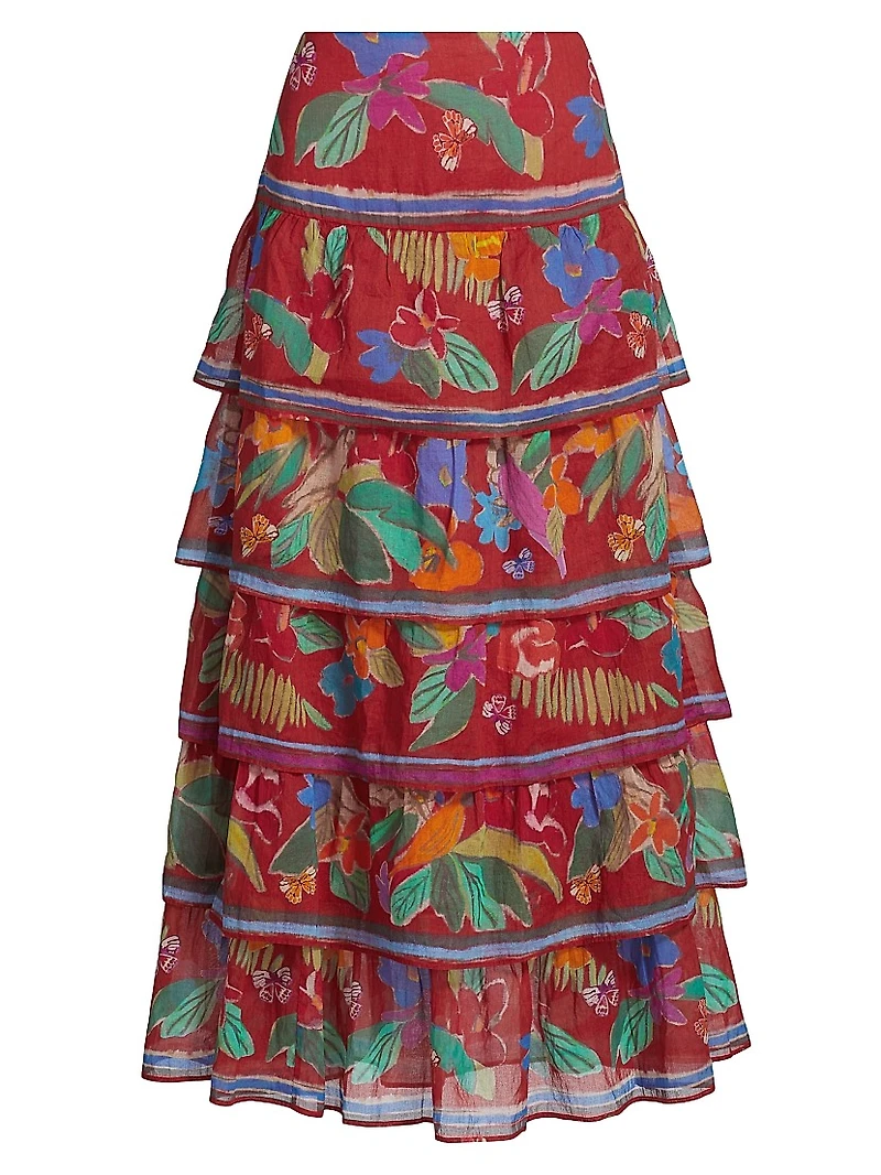 Christie Floral Cotton Tiered Midi-Skirt