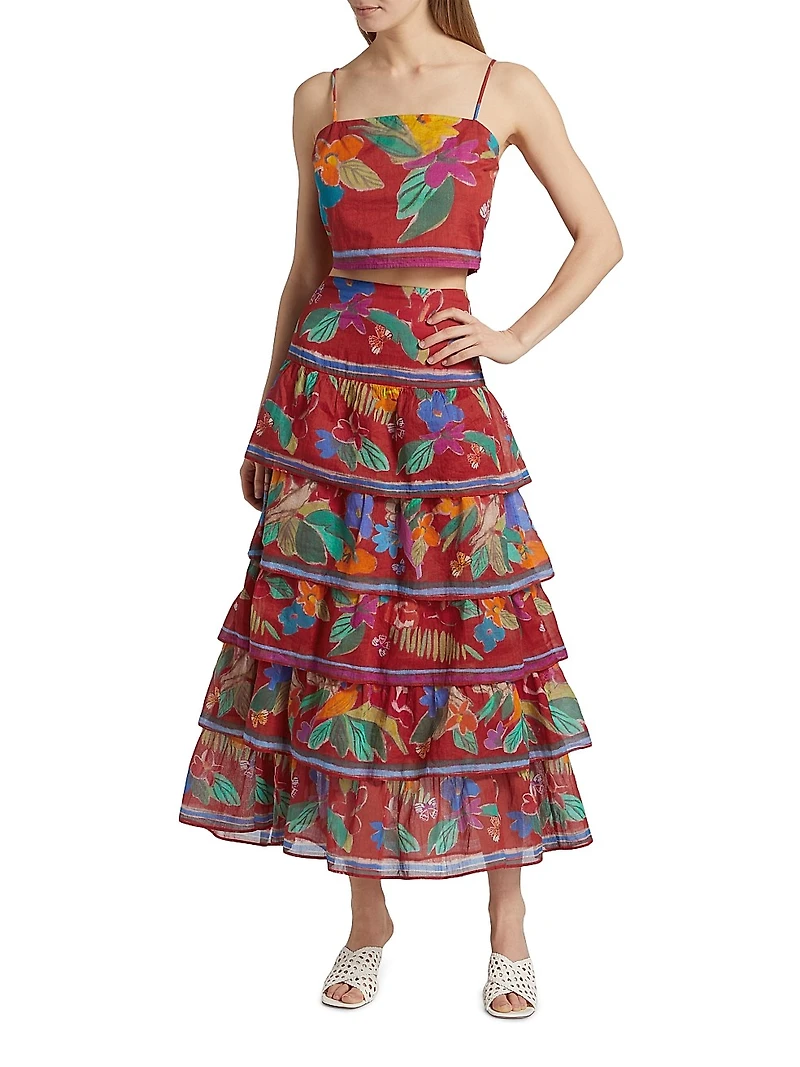 Christie Floral Cotton Tiered Midi-Skirt