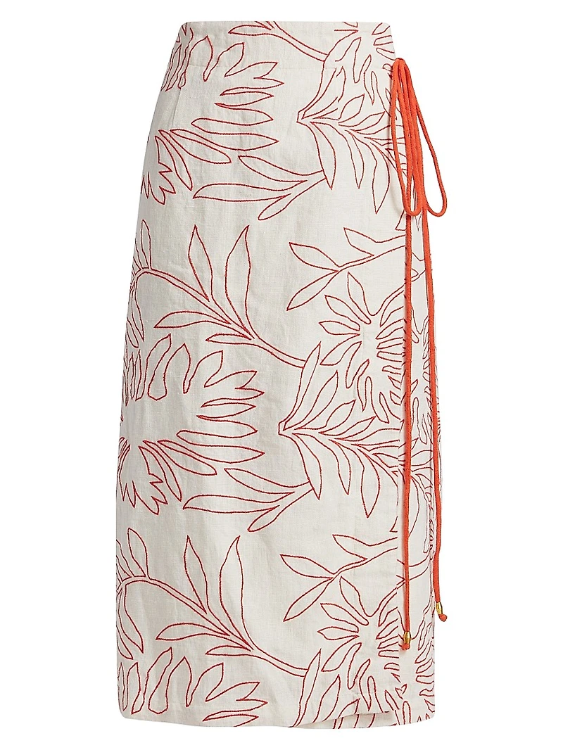 Sandra Embroidered Linen Wrap Midi-Skirt