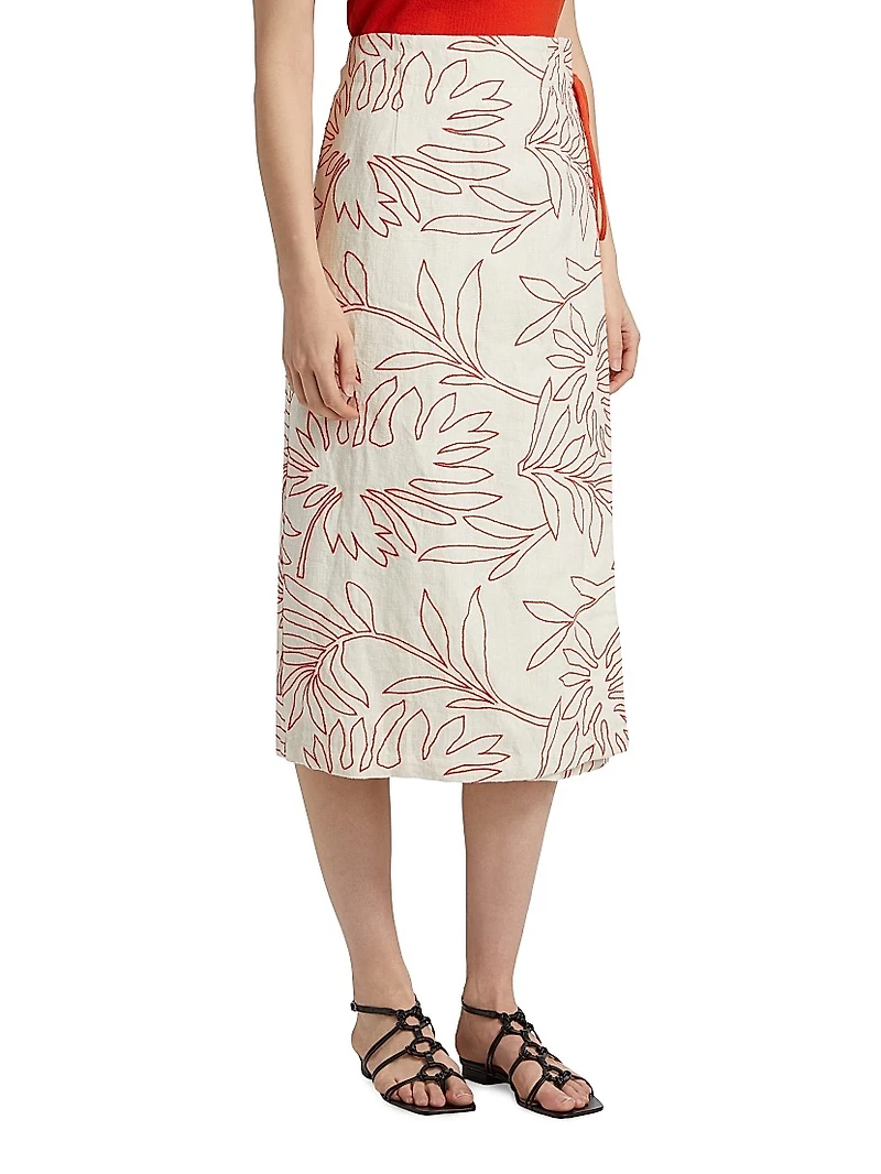 Sandra Embroidered Linen Wrap Midi-Skirt