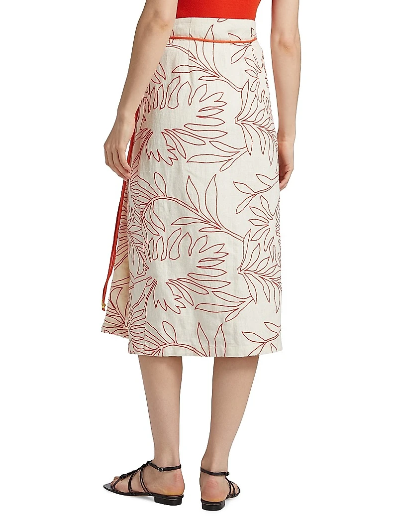 Sandra Embroidered Linen Wrap Midi-Skirt