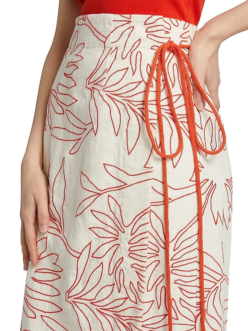 Sandra Embroidered Linen Wrap Midi-Skirt