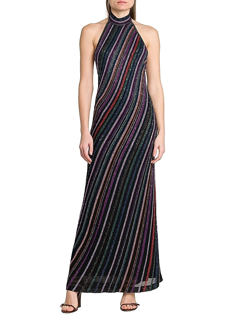 Metallic Striped Knit Open-Back Gown