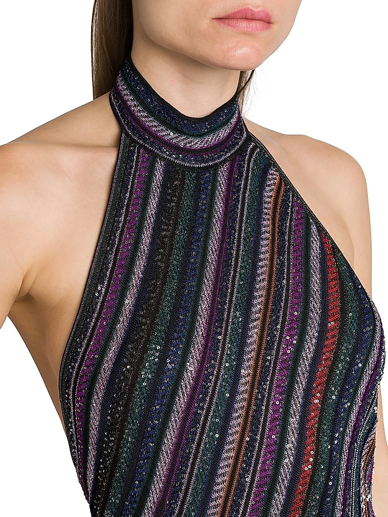 Metallic Striped Knit Open-Back Gown