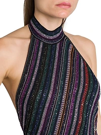 Metallic Striped Knit Open-Back Gown