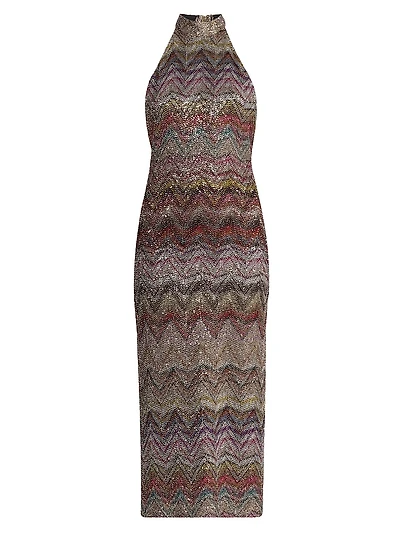 Sequin Zig-Zag Open-Back Knit Midi-Dress