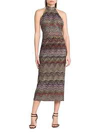 Sequin Zig-Zag Open-Back Knit Midi-Dress