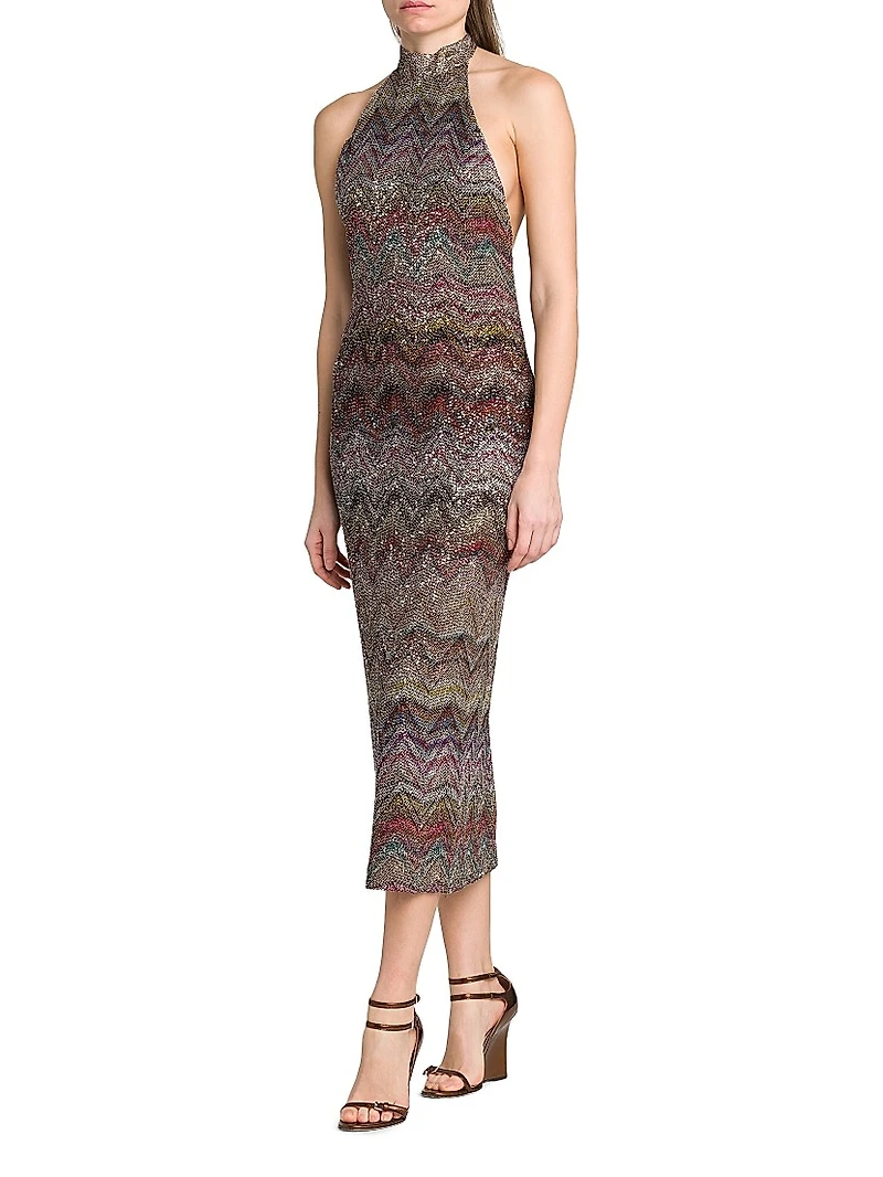 Sequin Zig-Zag Open-Back Knit Midi-Dress