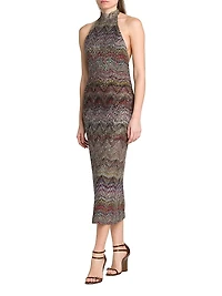 Sequin Zig-Zag Open-Back Knit Midi-Dress