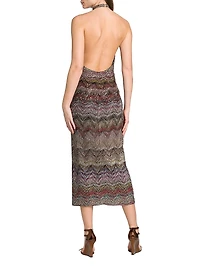 Sequin Zig-Zag Open-Back Knit Midi-Dress