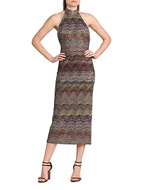 Sequin Zig-Zag Open-Back Knit Midi-Dress