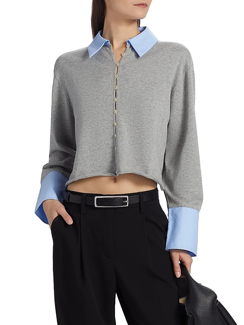 Mixed Media Cotton-Cashmere Crop Cardigan