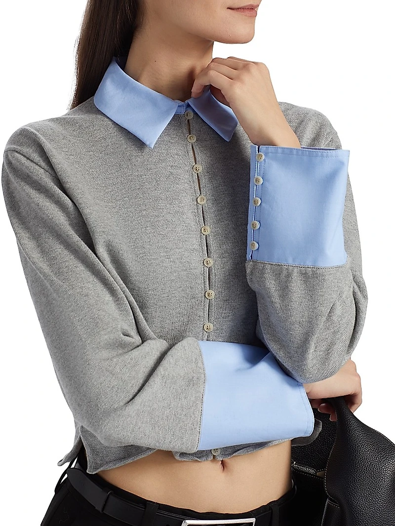 Mixed Media Cotton-Cashmere Crop Cardigan
