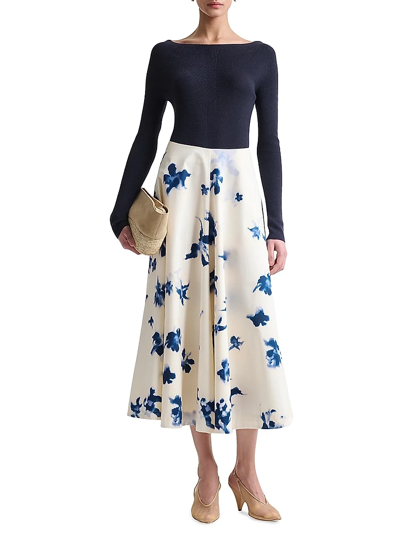 Varda Floral Stretch-Cotton Midi-Skirt