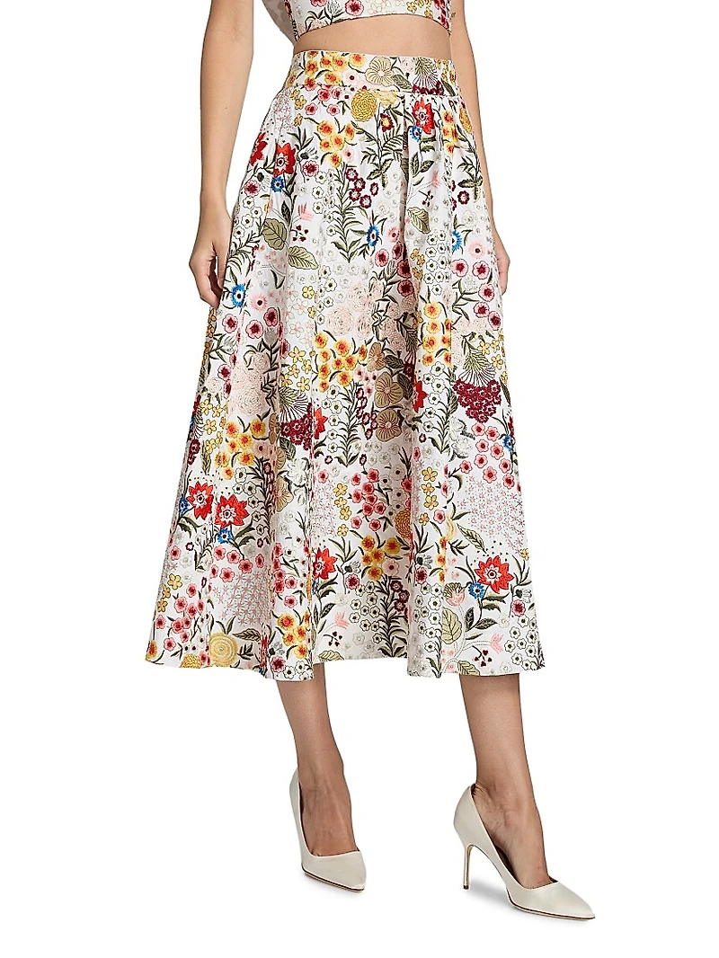 Earla Floral-Embroidered Cotton Midi-Skirt