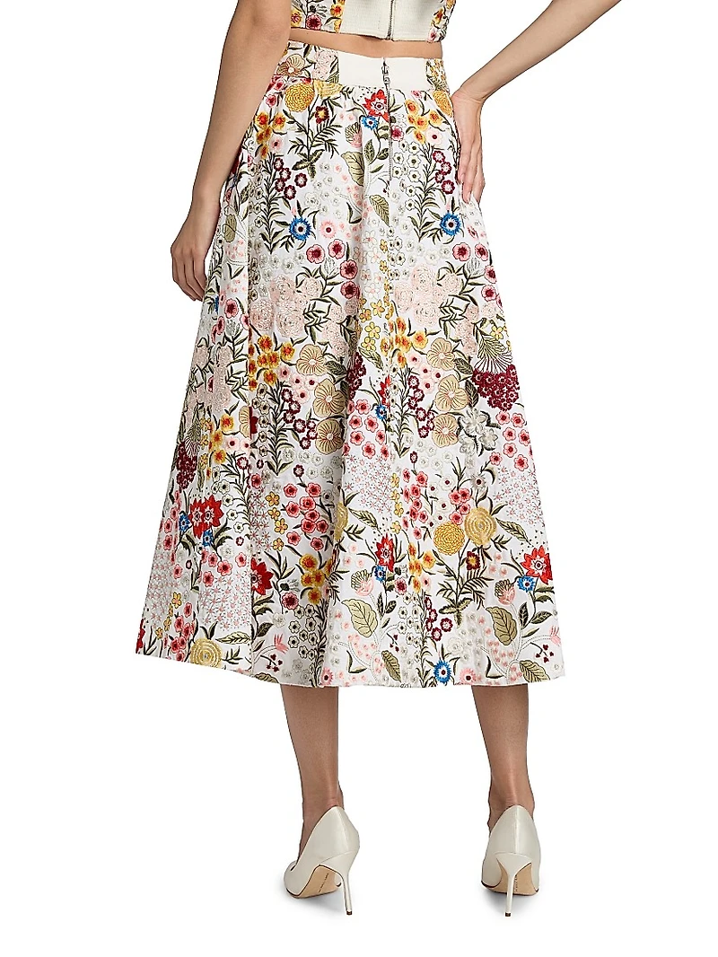 Earla Floral-Embroidered Cotton Midi-Skirt