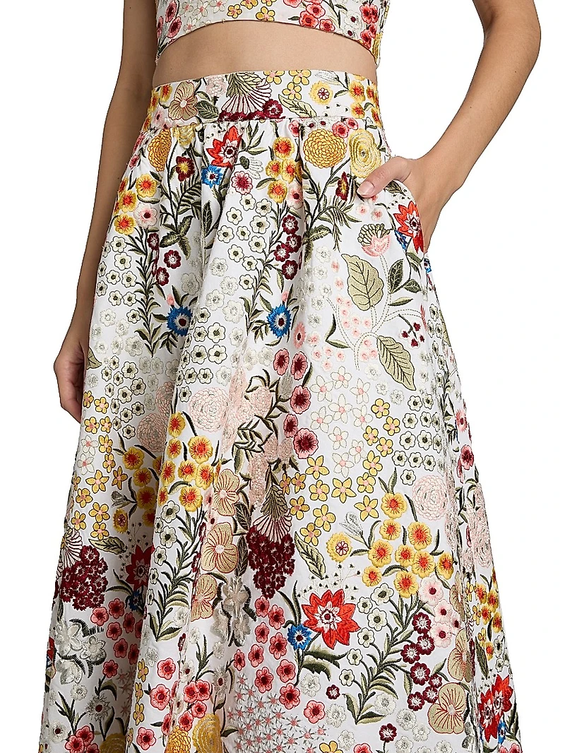 Earla Floral-Embroidered Cotton Midi-Skirt