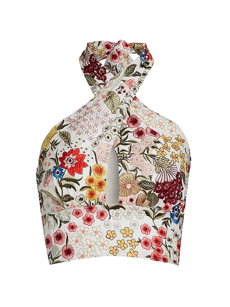 Evelina Floral-Embroidered Cotton-Silk Crop Top