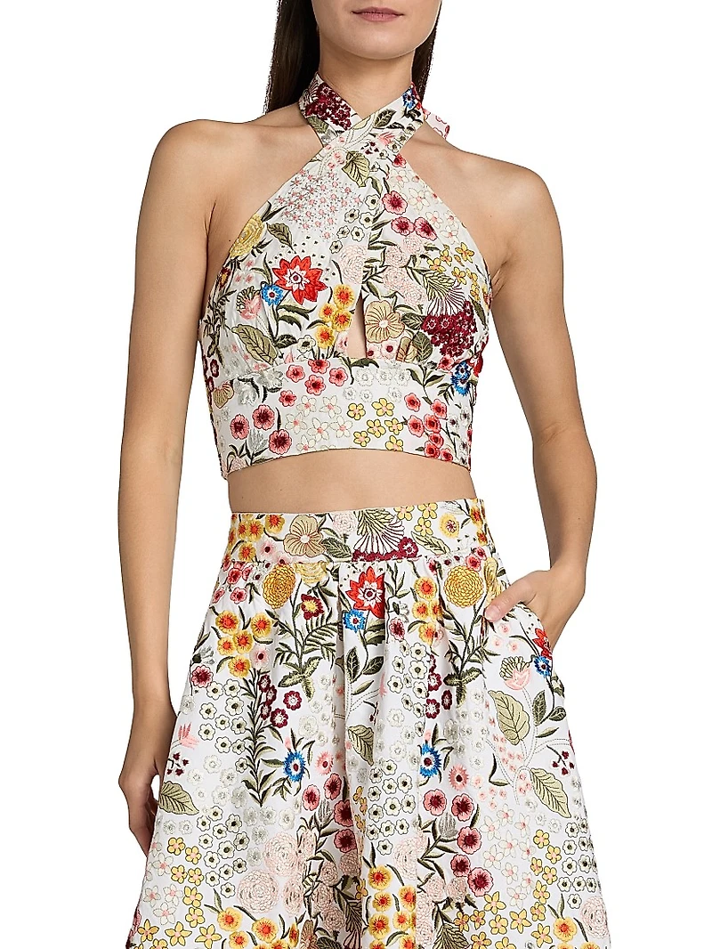 Evelina Floral-Embroidered Cotton-Silk Crop Top