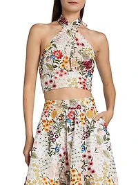 Evelina Floral-Embroidered Cotton-Silk Crop Top