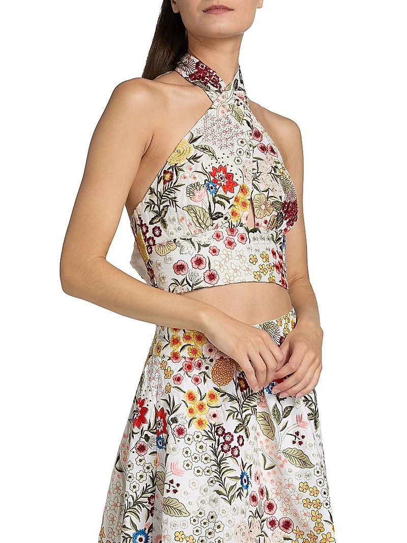 Evelina Floral-Embroidered Cotton-Silk Crop Top