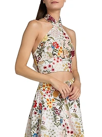 Evelina Floral-Embroidered Cotton-Silk Crop Top