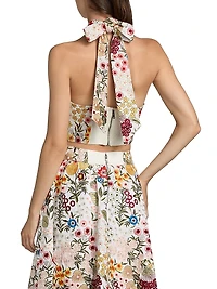 Evelina Floral-Embroidered Cotton-Silk Crop Top