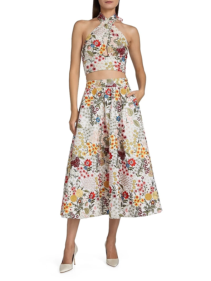 Evelina Floral-Embroidered Cotton-Silk Crop Top