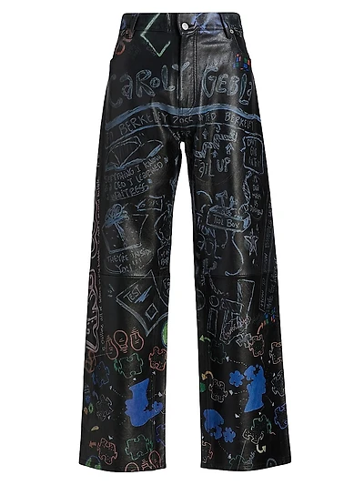 Graffiti Leather Mid-Rise Straight-Leg Pants
