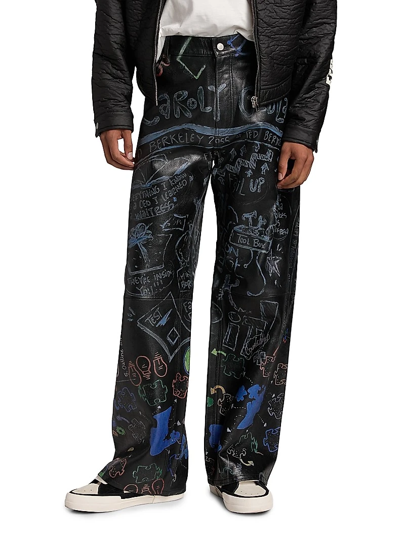 Graffiti Leather Mid-Rise Straight-Leg Pants