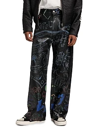 Graffiti Leather Mid-Rise Straight-Leg Pants