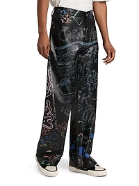 Graffiti Leather Mid-Rise Straight-Leg Pants