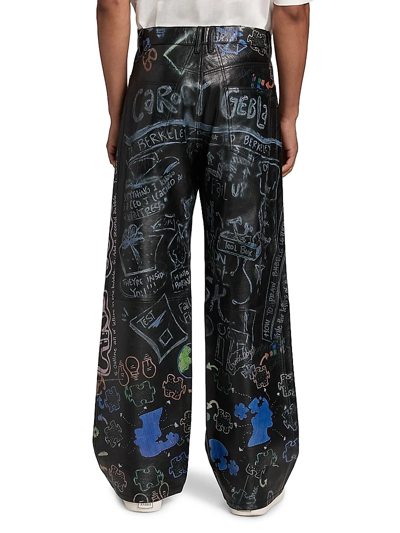 Graffiti Leather Mid-Rise Straight-Leg Pants