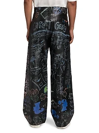 Graffiti Leather Mid-Rise Straight-Leg Pants