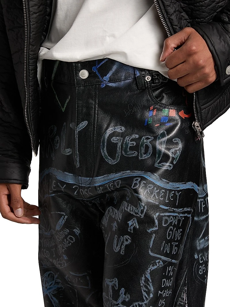Graffiti Leather Mid-Rise Straight-Leg Pants