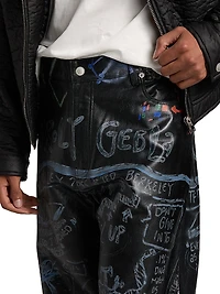 Graffiti Leather Mid-Rise Straight-Leg Pants