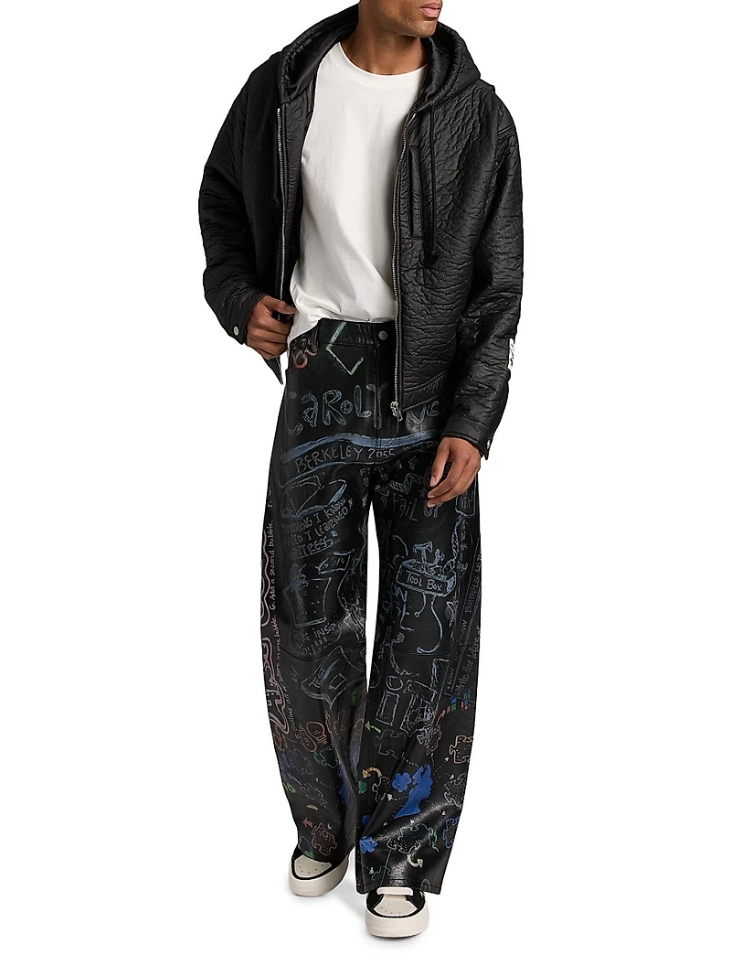 Graffiti Leather Mid-Rise Straight-Leg Pants
