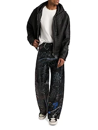 Graffiti Leather Mid-Rise Straight-Leg Pants