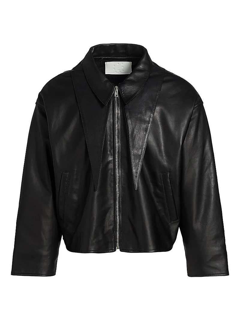 Leather Point-Collar Zip-Up Jacket