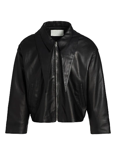 Leather Point-Collar Zip-Up Jacket
