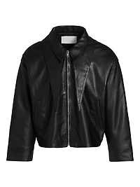 Leather Point-Collar Zip-Up Jacket