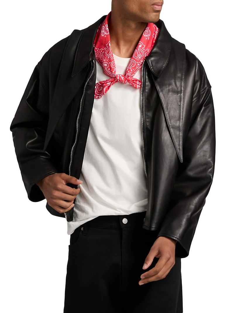 Leather Point-Collar Zip-Up Jacket