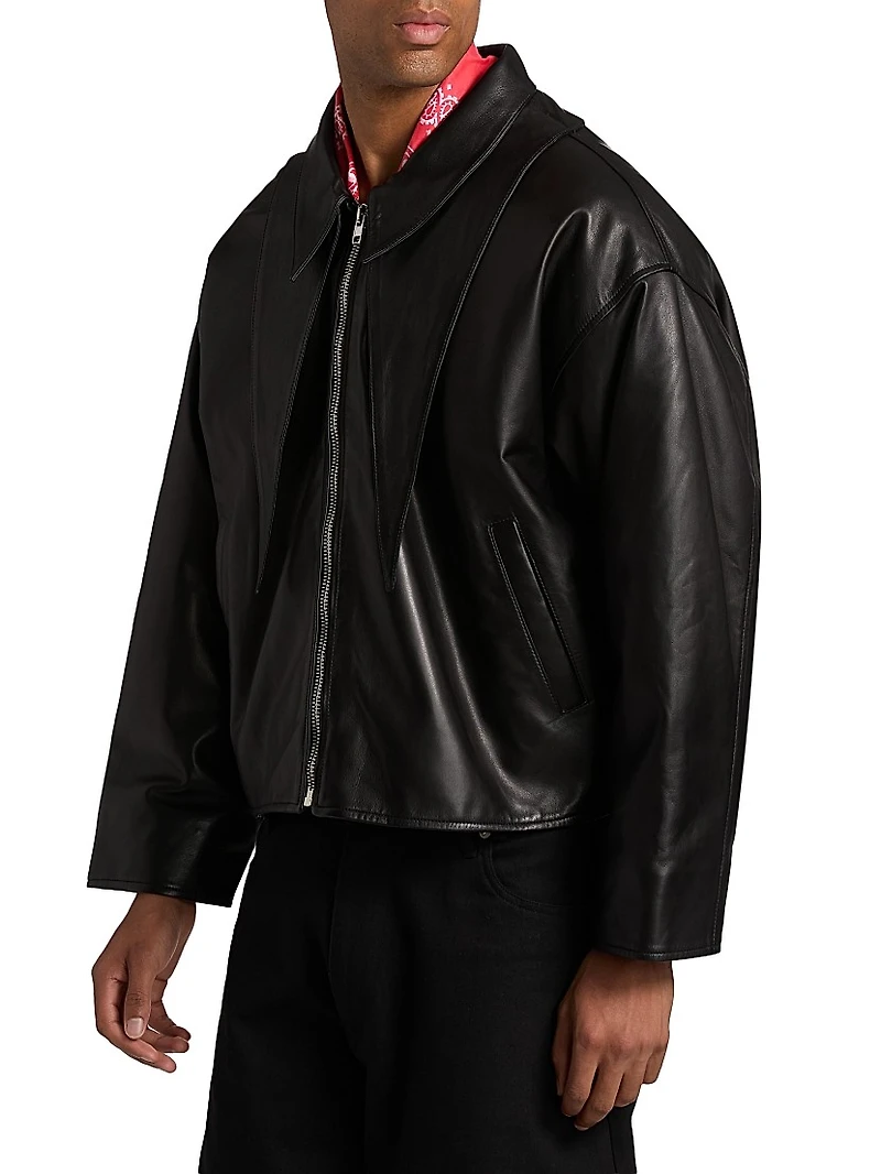 Leather Point-Collar Zip-Up Jacket