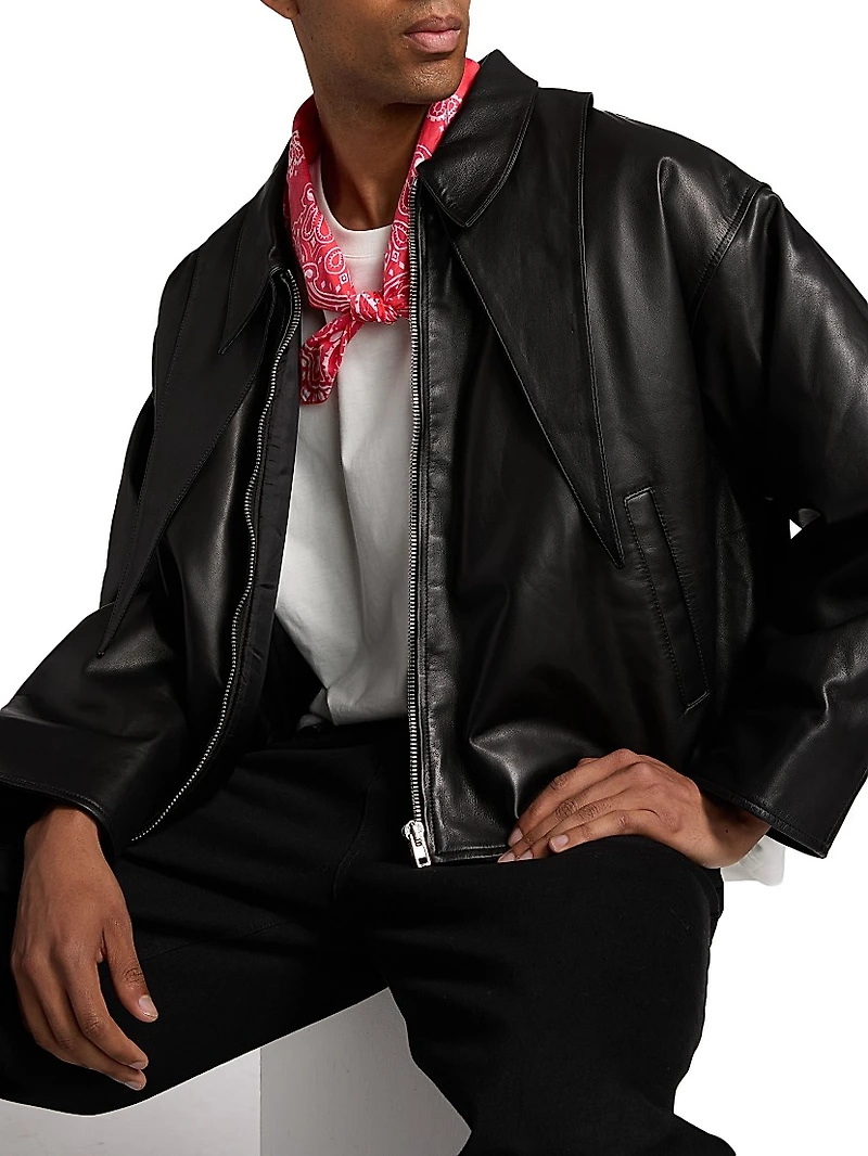 Leather Point-Collar Zip-Up Jacket