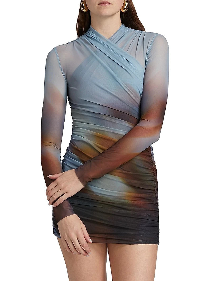 Sora Printed Mesh Long-Sleeve Minidress